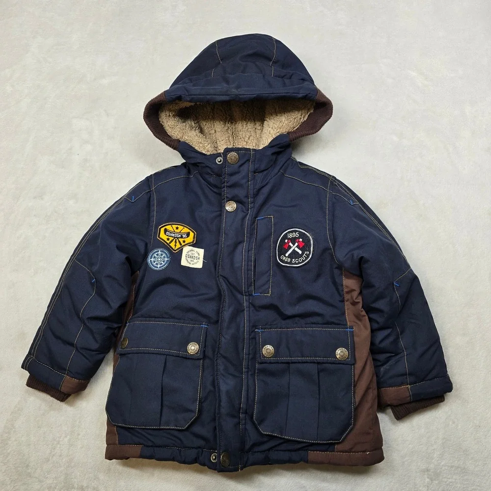 OshKosh B'gosh Sherpa Lined‎ Hooded Winter Jacket Boys Size 4 Navy Blue Patches